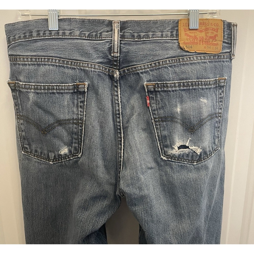 Levi's 514 Jeans Men's 34x34 Blue Denim Cotton Distressed Straight Leg Zip Fly